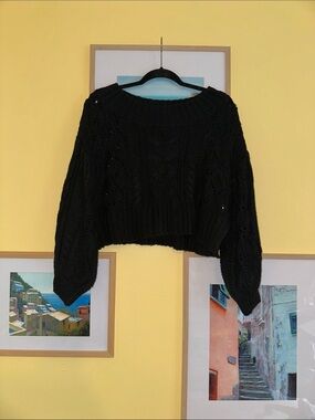 Olivaceous Black Cropped Cable Knit Sweater